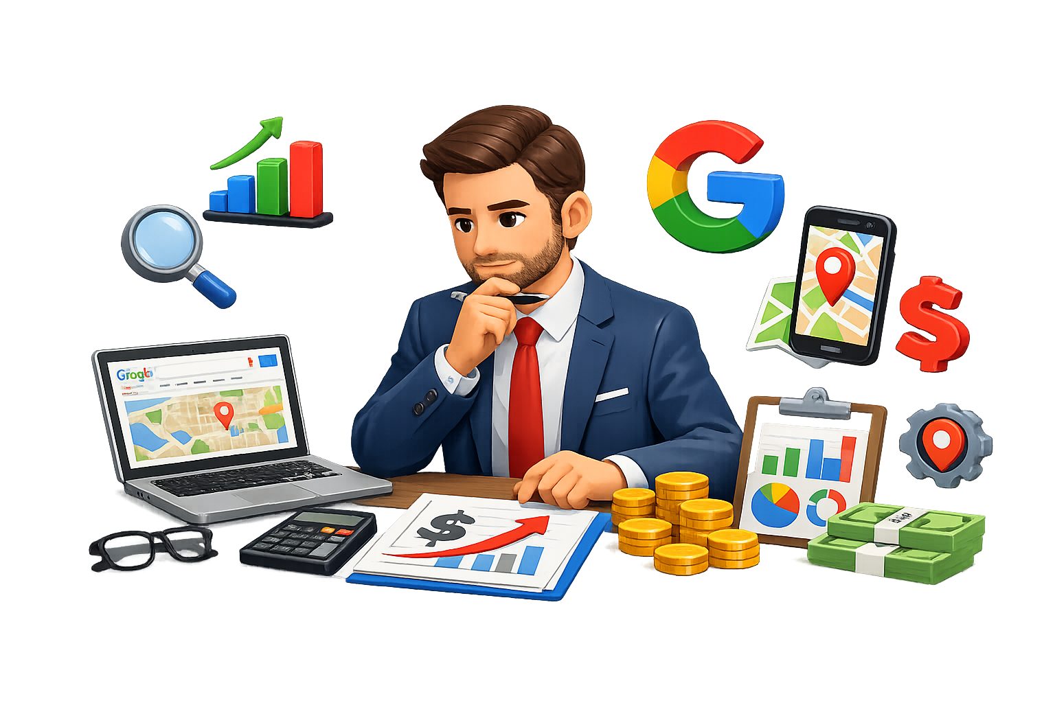 Empresario analizando el coste de una estrategia de SEO local para mejorar la visibilidad de su negocio en Google y Google Maps.