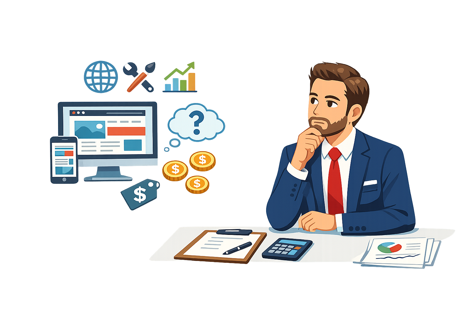 Empresario analizando el coste de una página web profesional para mejorar la presencia online y captar nuevos clientes.