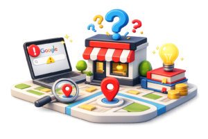 Negocio local analizando por qué no aparece en Google y revisando factores relacionados con SEO local, indexación y visibilidad online.